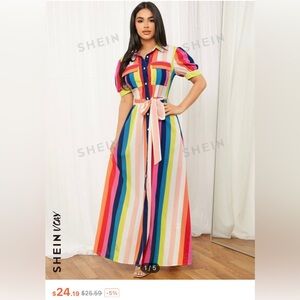 Shein Rainbow Striped Flap Pocket Belted Dress. Like new.
